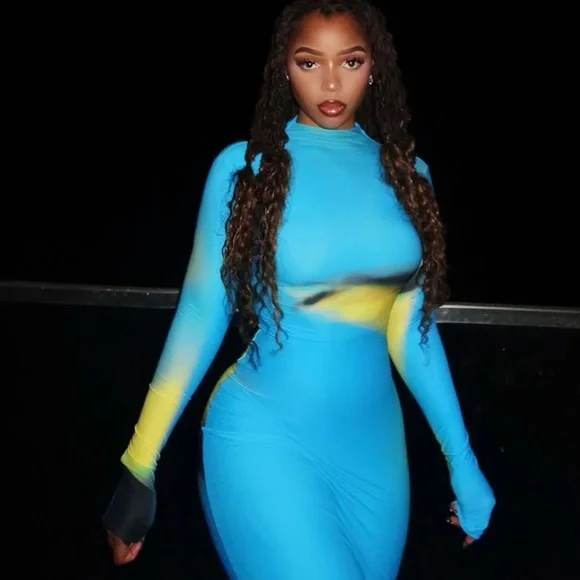 Woods by Jordyn Vibrant Blue and Yellow Bodycon Dress -  threedaughtersproperties.com